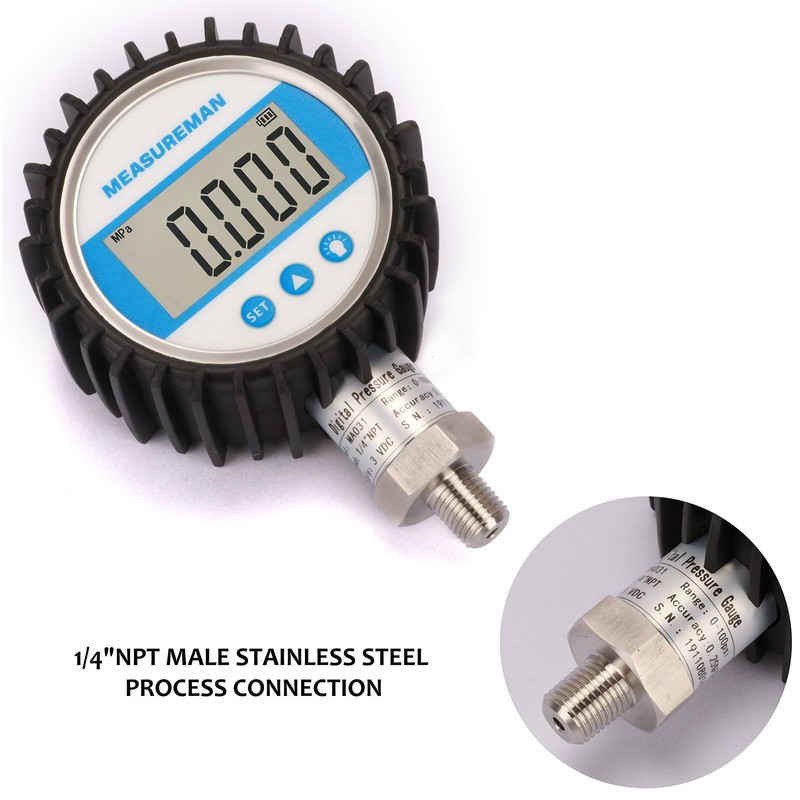 MEASUREMAN 3-1/8" Dial Size, Digital Pressure Gauge, 0-100psi/bar/Mpa/Kpa, 1/4"NPT Lower
