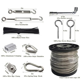 Roxanned 1/8" Stainless Steel Cable,Heavy Duty Turnbuckle Wire Tensioner Kit 100ft 7x7 Strand Construction 3/32" Overmolded to 1/8" Wire Rope Cable for Outdoor String Lights Hanging,Garden Wire