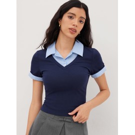 CIDER Women Cotton Collar Stripe Two Tone Short Sleeve Knit Fabric Tops