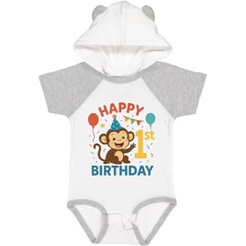 inktastic Happy 1st Birthday Monkey Party Theme Baby Bodysuit 6 Months White & Heather W/Ears 46b32