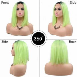 Heat Resistant Women's Cosplay Summer Synthetic Wigs For Drag Queen Black Roots Ombre Fluorescent Green Short Bob Hair Shoulder Length Handmade Lace Frontal Wigs Natural Hairline Bright Color 14"