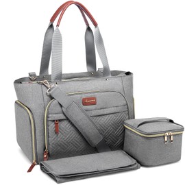 LOVEVOOK Diaper Bag Set, 3-Piece Set with Laptop Pocket, Cooler Bag & Changing Pad, Fits Most Breast Pumps, Grey, 15.7" x 8" x 11", For Mothers, Newborn - 3 Years