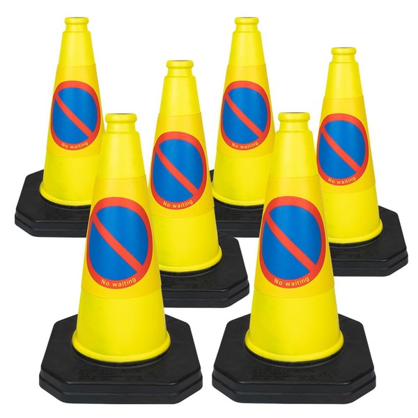 6 x 460mm 1-Piece High "No Waiting" Traffic Cones in Yellow - Strong and Durable Outdoor Cones with Very Low Centre of Gravity - U.K Made Safety Cones