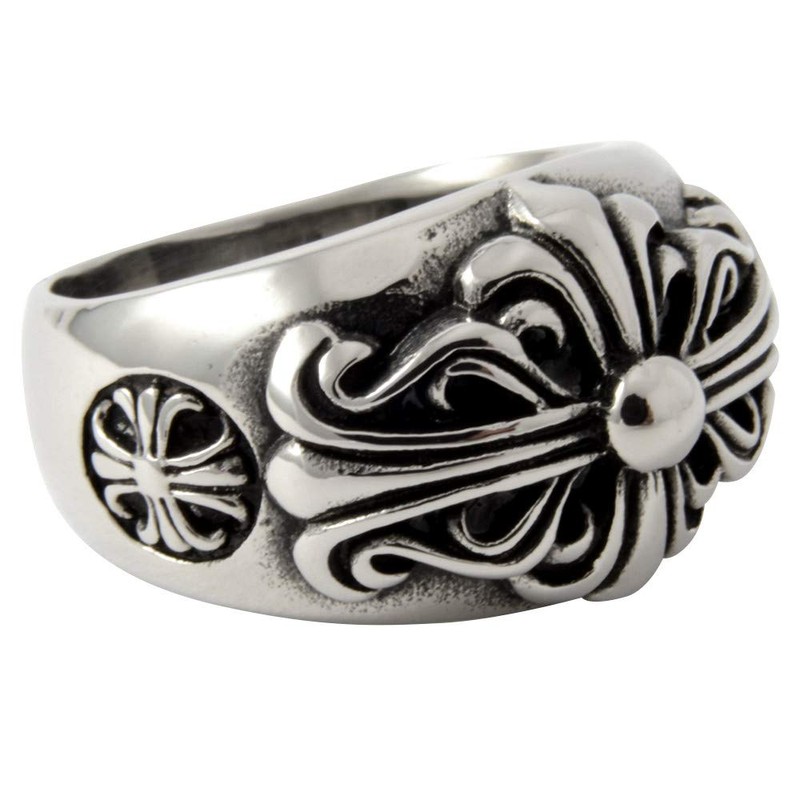 sakuto Men's Ring, Stainless Steel, Floral Cross, Cross Ring, Silver