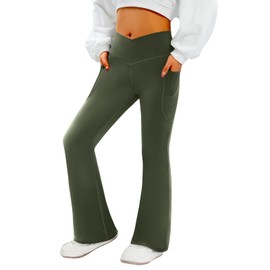 COPYLEAF Women's Flare Yoga Pants with Pockets-V Crossover High Waisted Bootcut Yoga Leggings-Flare Bell Bottom Workout Gym Leggings Green
