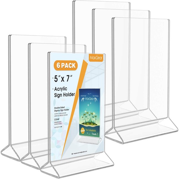 MaxGear Acrylic Sign Holder 5x7 Inches-Clear Table Card Display-Table Menu Plastic Display Stand - Double Sided Ad Picture Frame for Office, Home, Store, Restaurant, 6 Pack