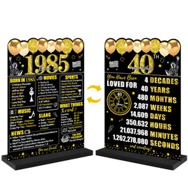 Guiruiy Black Gold 40th Birthday Decorations Gifts for Men Women, Two-Sided Vintage 40 Back in 1985 Theme Poster Wooden Table Sign with Stand, Forty Years Old Bday Centerpieces Holder for Table Decor