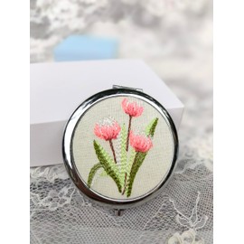 Leimandy Diameter 7cm Bridesmaid Compact Mirror Set of 4 Compact Mirror Embroidered Purse Mirror Double-Sided 1x/2x Mirror Makeup Mirror L2 (Pink Tulip)