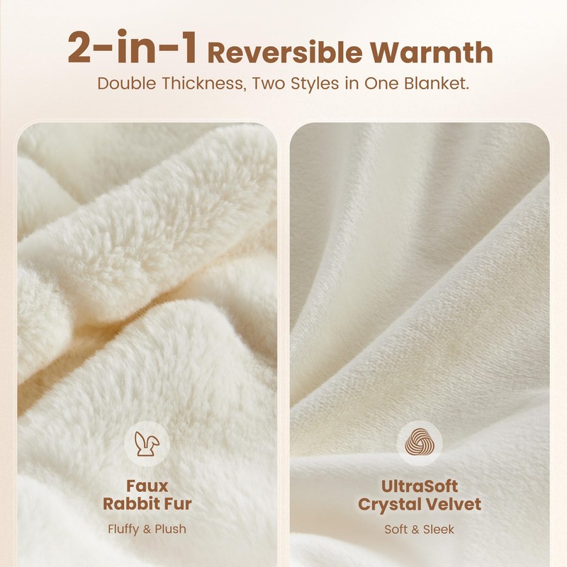 Dual-Sided Faux Rabbit Fur Throw Blanket, 50" x 60", Cream