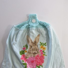 Aqua Spring Flowers Easter Bunny Rabbit Double Thickness Spring Hanging Kitchen Towel - Aqua Blue Cotton Crochet Top