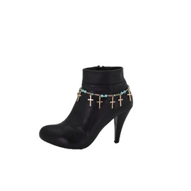 Women Fashion Jewelry Western Boot Bracelet Gold Metal Chain Shoe Anklet Cross Charm Turquoise Blue