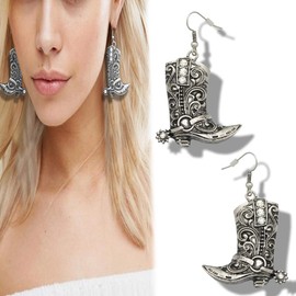 RechicGu Vintage Silver Western West Cowgirl Texas Boots Spur Dangle Drop Earrings Rodeo Boho Fancy Dress Costume