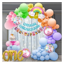 Specialyou.in First birthday decorations for boys / girls in rainbow theme with net fabric backdrop and multi color pastel balloons , Led fairy lights for 1st birthday decoration - 111 items