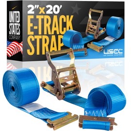 US Cargo Control E-Track Ratchet Strap, 4,400 LBS Break Strength, 2 Inch x 20 Foot Heavy Duty Blue E-Track Straps with 4 Foot Fixed End and Spring E-Fittings, Logistic Tiedowns