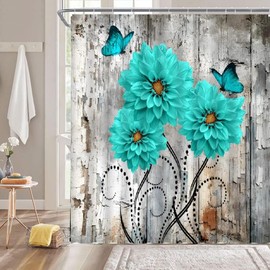 Rustic Flower Shower Curtain Teal Dahlia Abstract Leaves Vintage Wooden Board Butterfly Nature Farmhouse Plant Bathroom Home Curtain with Hooks,70" Wx70 H