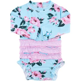 UNICOMIDEA Baby Girl Swimsuit Long Sleeve One Piece Swimwear for 18-24 Months Toddler Kids Cute Flower Pattern Beachwear Bathing Suit Summer UPF 50+ Rash Guard