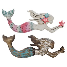 Aecipl Nautical Decor Wood Hanging Mermaid Wall Art Coastal Decorations Distressed Mermaid Sculpture Indoor Outdoor Ocean Beach Themed Decor for Bathroom Patio Swimming Pool (A+B)