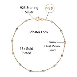 Savlano 18K Gold Plated Over 925 Sterling Silver Station Oval Moon Bead Anklet Chain For Women. Silver, Gold, Rose Gold - Made in Italy Comes With a Gift Box (2CG, 9)