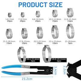 DBREAKS 150 Pieces Stainless Steel Single Ear Continuous Hose Clamps Set 304, 12 Sizes Hose Clamp 5.8-33.1 mm, Clamp Set with Hose Clamp Pliers, for Automotive, Industry, Pipe Refurbishment
