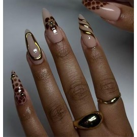 MouyouGlow Press on Nails Short, Almond Brown Flowers Floral Leopard Tips 3D Gold Aura Lines Autumn Pearl Fake Nails with Nail Glue, Brown Flowers Autumn Acrylic Artificial Fingernails