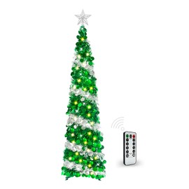 HISFFOG 5FT Pop Up Christmas Tree with 8 Rmote Lights Modes - Dual Color Sequin Tinsel Christmas Tree, Collapsible Artificial Pencil Christmas Trees Decorations for Home, Apartment, Office, Party