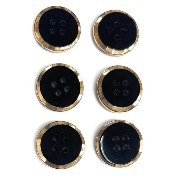 6 Jet Black Buttons with Gold Faceted Trim Set -