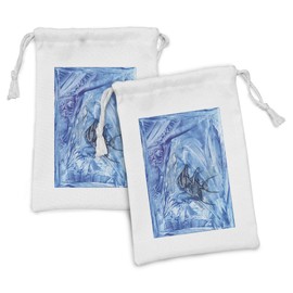Ambesonne Watercolor Flower Fabric Pouch Set of 2, Small Fish Creepy Snow Cover Ice Crystal Labyrinth Aquatic Ocean Inspired Art, Small Drawstring Bag for Toiletries Masks and Favors, 9" x 6", Blue