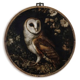KFXHANGD Gothic Owl Round Wall Art Framed, Dark Cottagecore Owls Canvas Wall Art Decor, Witchy Owls Floral Hanging Decor for Bedroom Bathroom Living Room, Owl Lover Gifts, 10x10inch