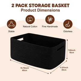 OIAHOMY Storage Basket for Shelves, Closet Cube Storage Bins Baskets for Clothes Blanket Towels, Baby Nursery, Toy Baskets Box, Woven Rope Basket, 15.75*11.81*7.09 IN, 2 Packs Black