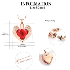 QGJNSGC Cremation Jewelry Crystal Heart Necklace for Ashes Pendant Angle Wings Urn Necklace With Mini Keepsake Urn Memorial Ash Jewellery (Heart-Rose red)