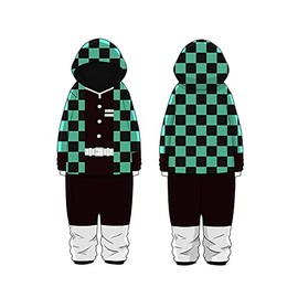 Loesoul Adult Unisex Onesie Pajamas Cosplay Costume Kimetsu No Yaiba Hooded Sleepwear Kamado Tanjirou Jumpsuit