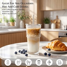 INSETLAN 20 oz Sunflower Glass Cups with Lids and Straws, Set of 2, Elegant Iced Coffee Cups for Coffee, Matcha, Smoothies, Juice, Cocktail and More, Leak-Proof Glass Tumbler for Daily Use and Travel