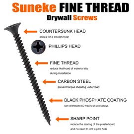 Suneke 200PCS #6 X 5/8" High Hardness Drywall Screws, Black Phosphate, Fine Thread, Phillips Drive, Bugle Head, Wood Screws with Organizer Box & 1 Phillips PH2#2 Long Bit