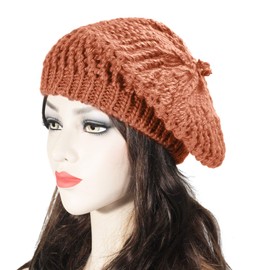 ZLYC Women's Cable Knitted Beret Hats Braided Baggy Wool Beret Winter Warm Beanie, caramel