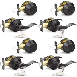 Probrico Door Lock Set with Deadbolt Oil Rubbed Bronze, Keyed Alike Door Handle and Deadbolt Set, Front Exterior Door Lock Single Cylinder, 4 Sets