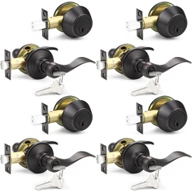 Probrico Door Lock Set with Deadbolt Oil Rubbed Bronze, Keyed Alike Door Handle and Deadbolt Set, Front Exterior Door Lock Single Cylinder, 4 Sets