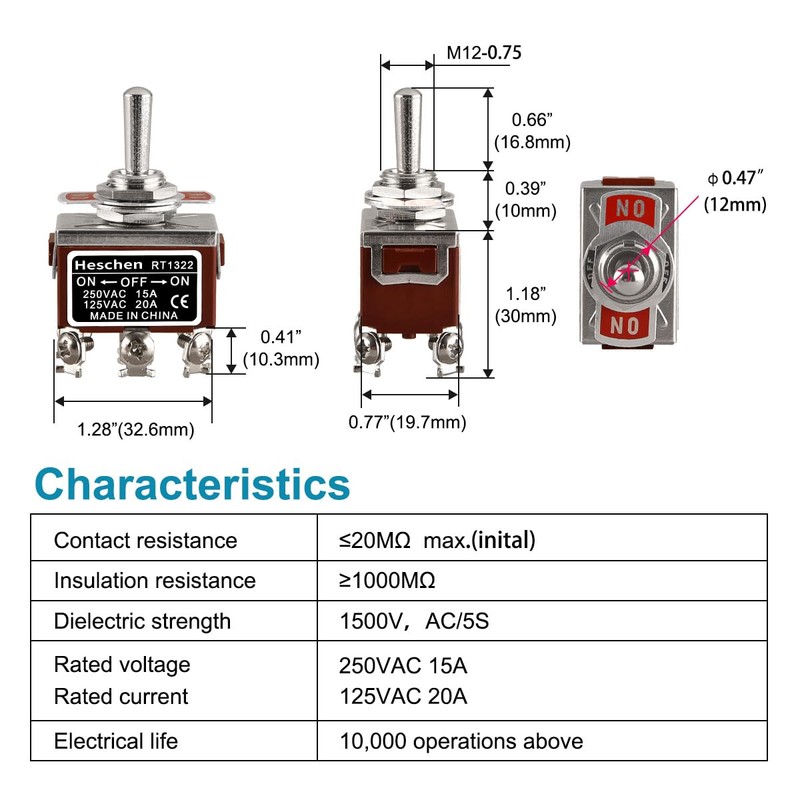Heschen Metal Toggle Switch, RT1322, DPDT, Maintained Type, ON/OFF/ON, 3