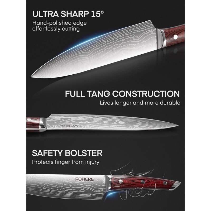 FOHERE Kitchen Knife Set with Ergonomic Red Pakkawood Handle, 5