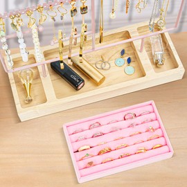 ProCase Jewelry Organizer Stand Earring Holder Organizer, 6 Tiers Earring Organizer Tree Necklace Rack Jewellery Tower Bracelets Holder Storage with Removable Wooden Ring Tray for Women Girls -Pink