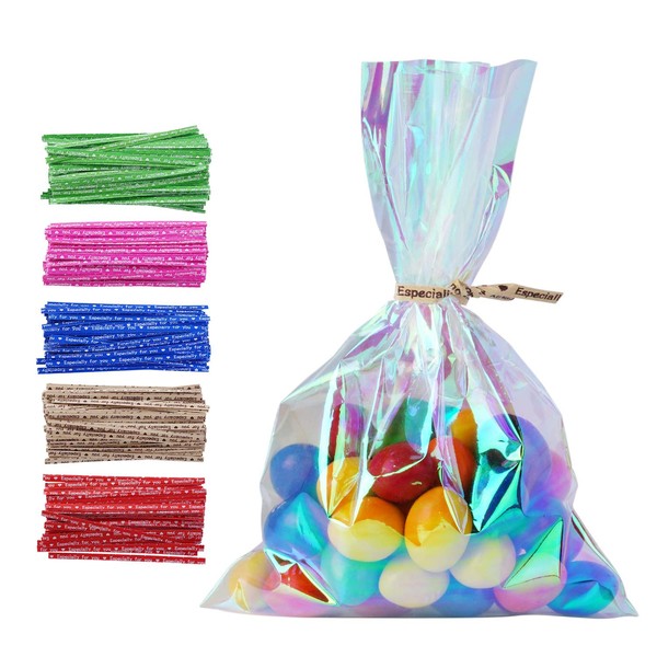 100 Pack 4" x 6" Iridescent Holographic Cellophane Party Favor Treat Bags with 5 Colors Twist Ties Good for Themed Celebrations Baby Showers Weddings Girls Birthday Party Supplies (4" x 6")