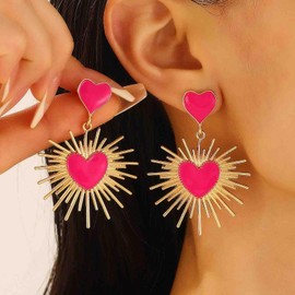 Enamel Black Heart Earrings Gold Pink Heart Drop Earrings Sunburst Heart Dangle Earrings Stud Double Heart Statement Earrings Goth Earrings Minimalist Earrings Simple Earrings Jewelry for Women