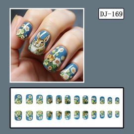 Easter Press on Nails Extra Short Fake Nails Blue with Acrylic Nails designs Funny Bunny Stick on Nails Flower False Nails Glossy Cute Glue on Nails for Women Girls Spring Square Nail Decor 24pcs