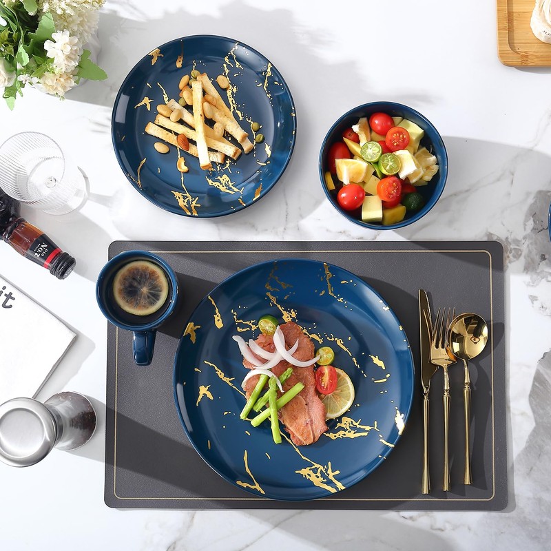 Loymokinar Modern Porcelain 16 Piece White and Gold Dinnerware Set,