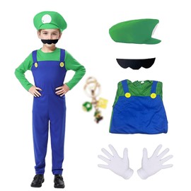 JMOCD Super Brothers Plumber Costume for Children, Super Brothers Plumber Cosplay for Carnival Parent-Child Dressing (Green - Children, M)