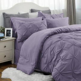 Bedsure Full Comforter Set Grayish Purple - Bed in a Bag Full Size 7 Pieces, GentleSoft™ Pintuck Bed Set Gift for Family, Pinch Pleat Grayish Purple Comforter with Sheets, Pillowcases & Shams
