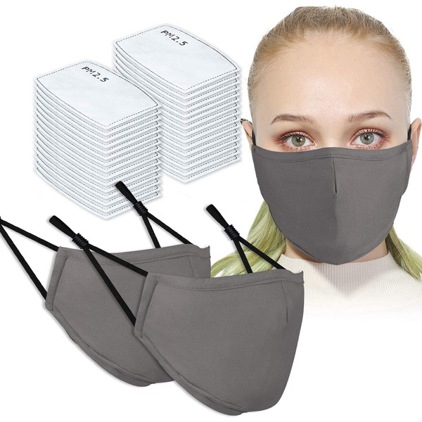 2PCS Adult Unisex Washable & Reusable Protective Face Masks with Filter Pocket + 30PCS PM2.5 Carbon Filters (Grey)