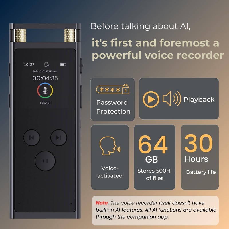 Digital Voice Recorder with APP for AI Voice-to-Text Transcription, GPT-4o