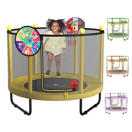 LANGXUN 60" Trampoline for Kids, 5ft Toddler Mini 6-in-1 Trampoline Indoor Outdoor with Swing, Basketball Hoop, Dart Board, Gymnastics Bar, Rings, Christmas Toys Birthday Gifts for Girls Boys Age 1-8