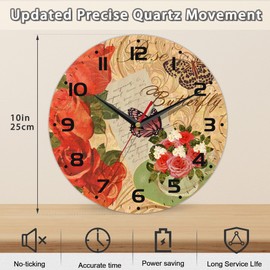 DEMACYA Vintage Rose and Butterfly Wall Clock, Contemporary Home Decor Easy to Read Wall Clock for Living Room, Bedroom, Bathroom and Kitchen, 10 Inch