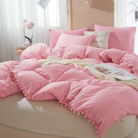 ETDIFFE Pom Duvet Cover Full Size - 3 Piece Boho Bohemian Farmhouse Microfiber Quilt Cover Set - Soft and Lightweight Comforter Cover, Solid Pink Pompom